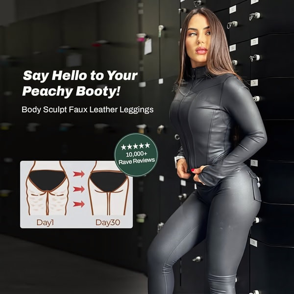 A square ad creative featuring a model wearing faux leather leggings next to a before-and-after illustration showing physical improvement over thirty days.